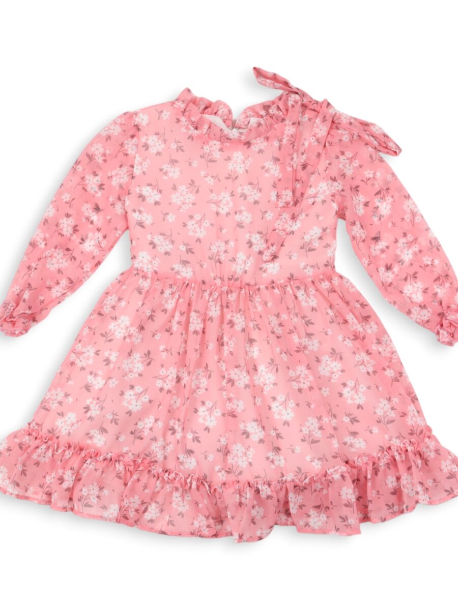 Rochie fete din voal cu motive florale și fundiță roz Rochie fete din voal cu motive florale și fundiță roz