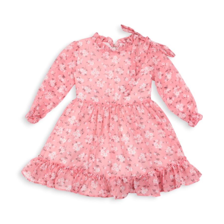 Rochie fete din voal cu motive florale și fundiță roz Rochie fete din voal cu motive florale și fundiță roz