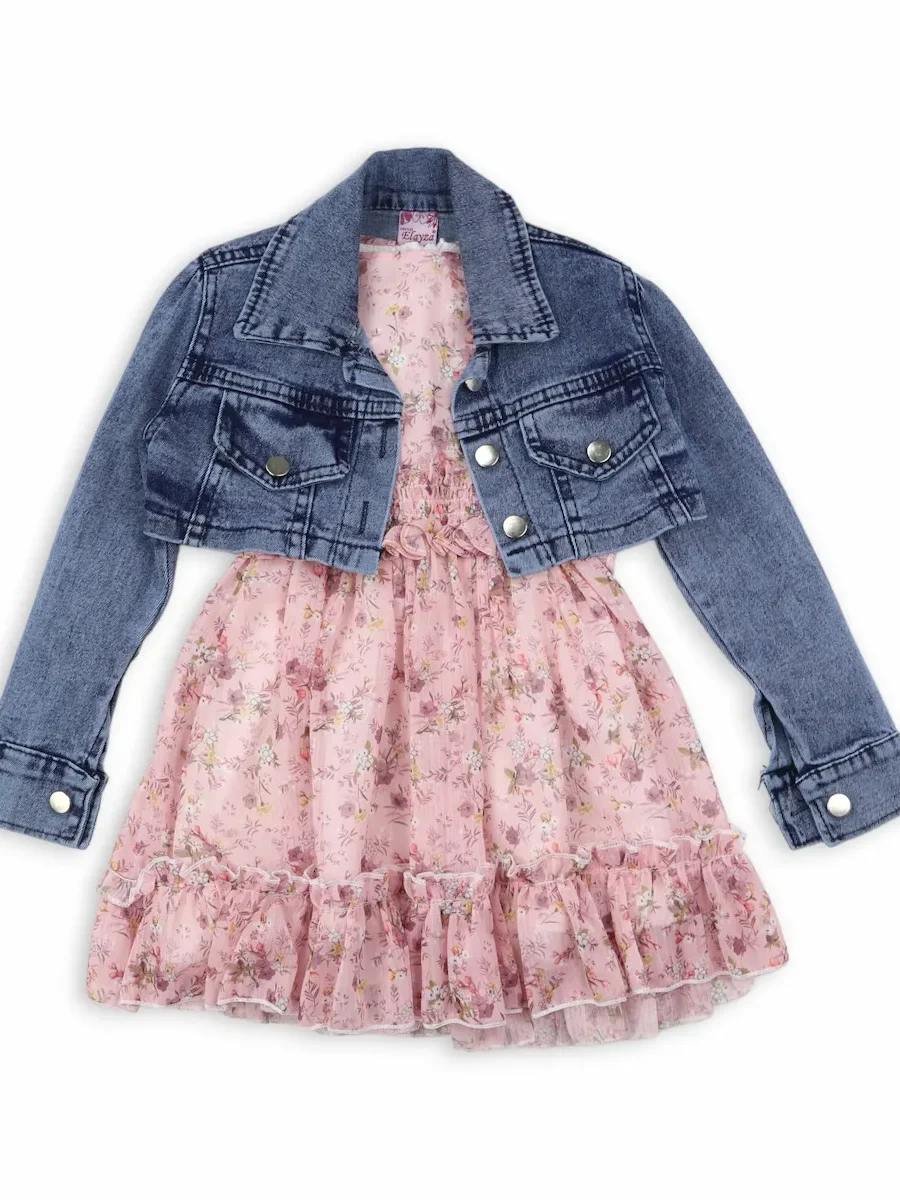 Rochie fetite din voal cu geacă de blugi roz-1 Rochie fetite din voal cu geacă de blugi roz-1