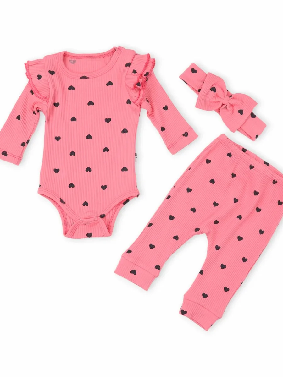 Set bebe din două piese cu inimioare și bentiță roz Set bebe din două piese cu inimioare și bentiță roz