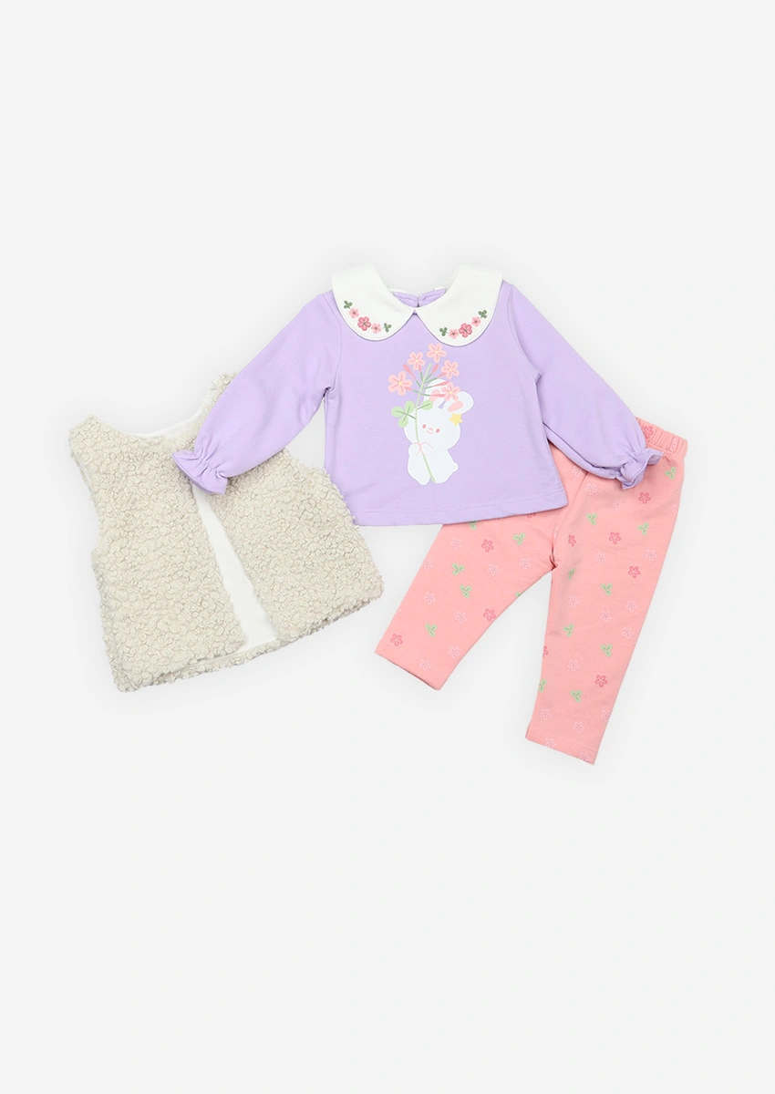 set-trei-piese-fete-vesta-lila-1 Set din trei piese flaușat cu Iepuras și floricele