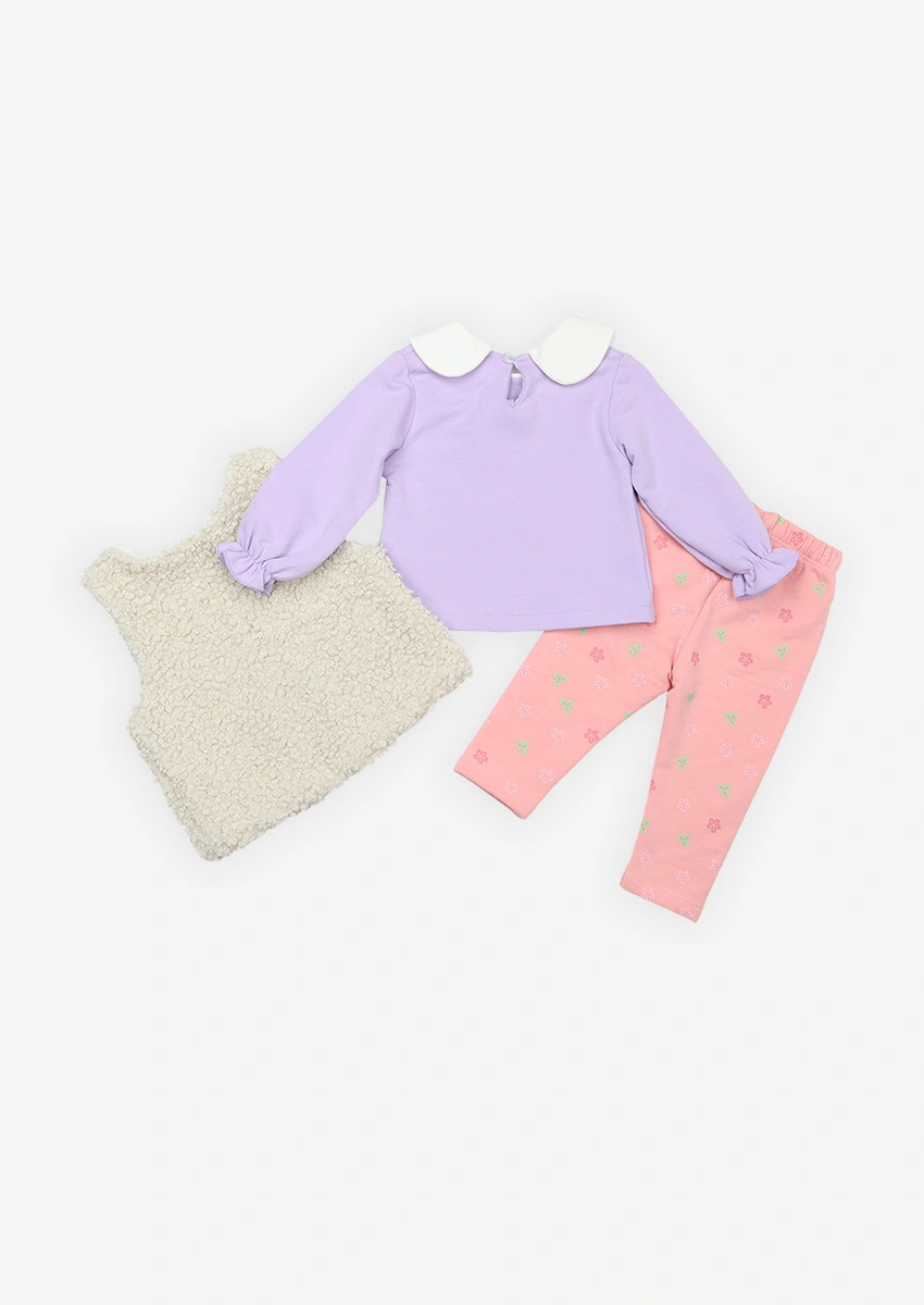 set-trei-piese-fete-vesta-lila-2 Set din trei piese flaușat cu Iepuras și floricele