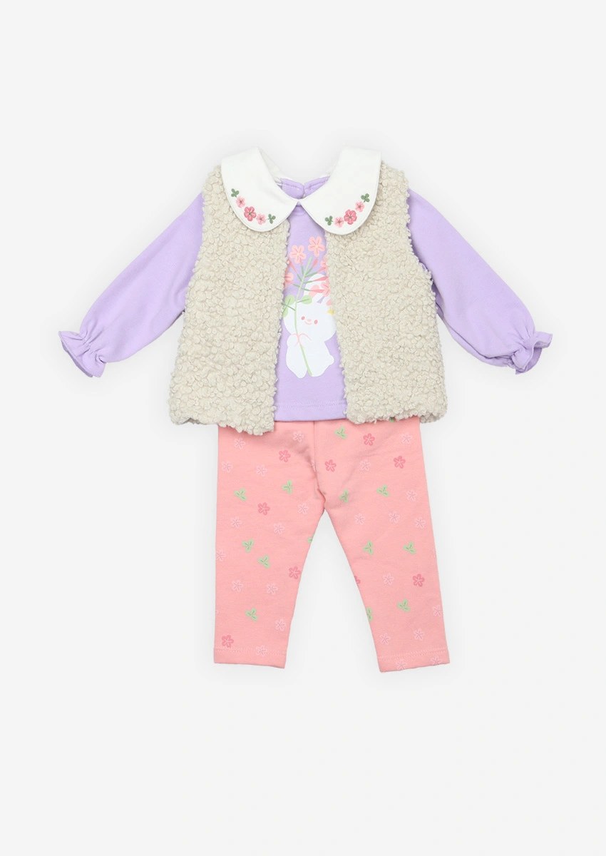 set-trei-piese-fete-vesta-lila Set din trei piese flaușat cu Iepuras și floricele
