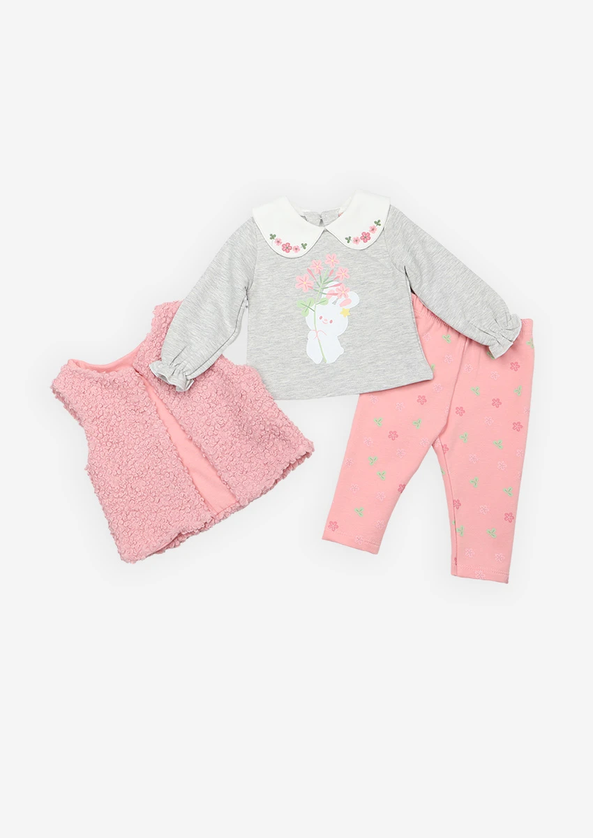 set-trei-piese-fete-vesta-roz-1 Set din trei piese flaușat cu Iepuras și floricele