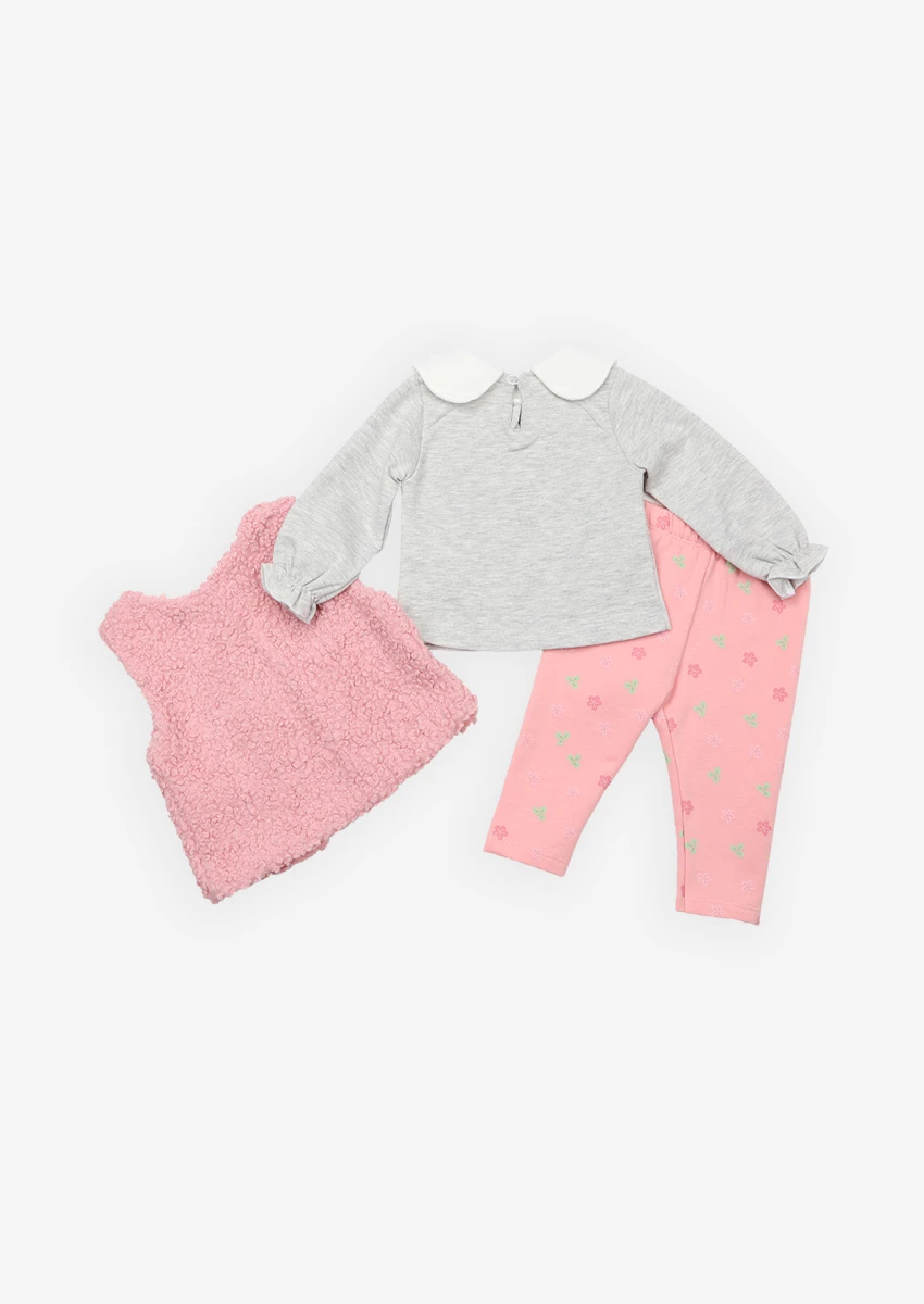 set-trei-piese-fete-vesta-roz-2 Set din trei piese flaușat cu Iepuras și floricele