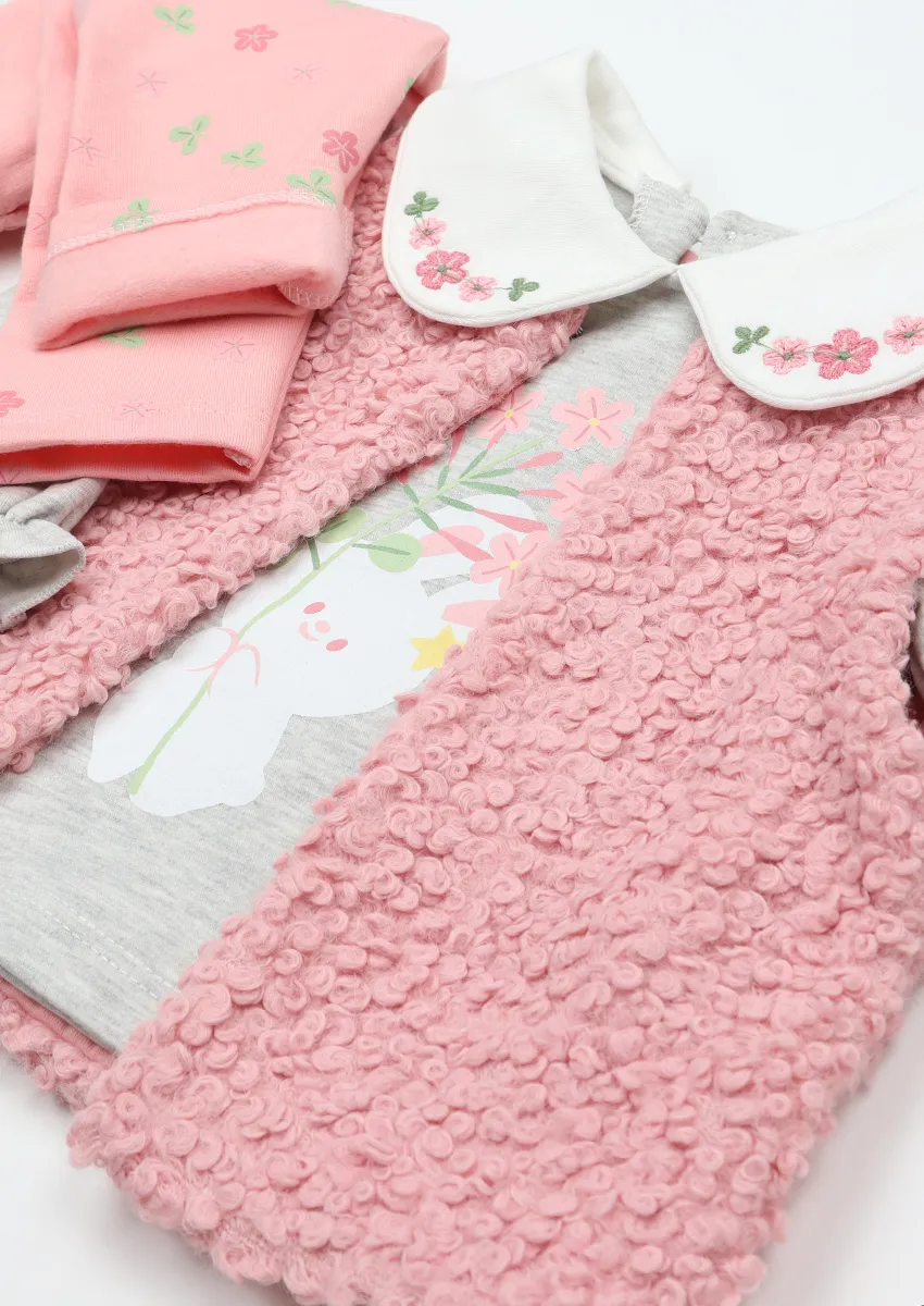 set-trei-piese-fete-vesta-roz-3 Set din trei piese flaușat cu Iepuras și floricele