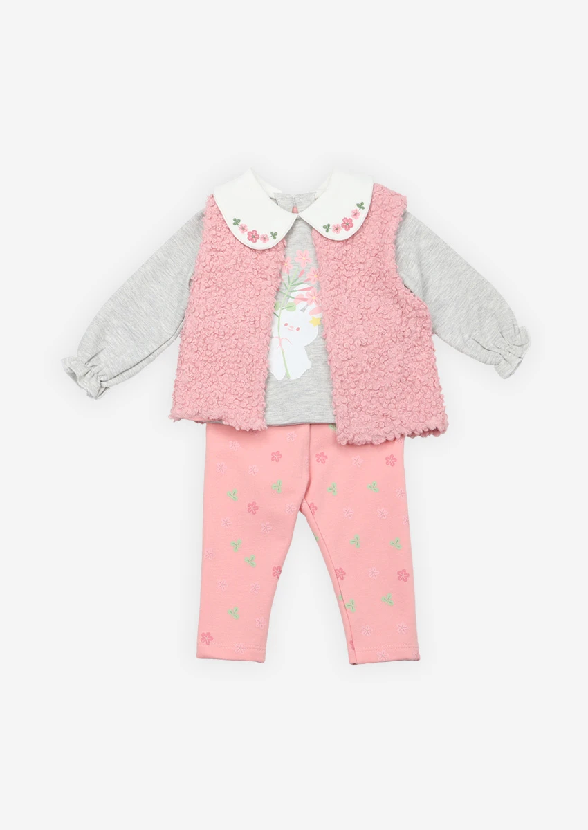 set-trei-piese-fete-vesta-roz Set din trei piese flaușat cu Iepuras și floricele
